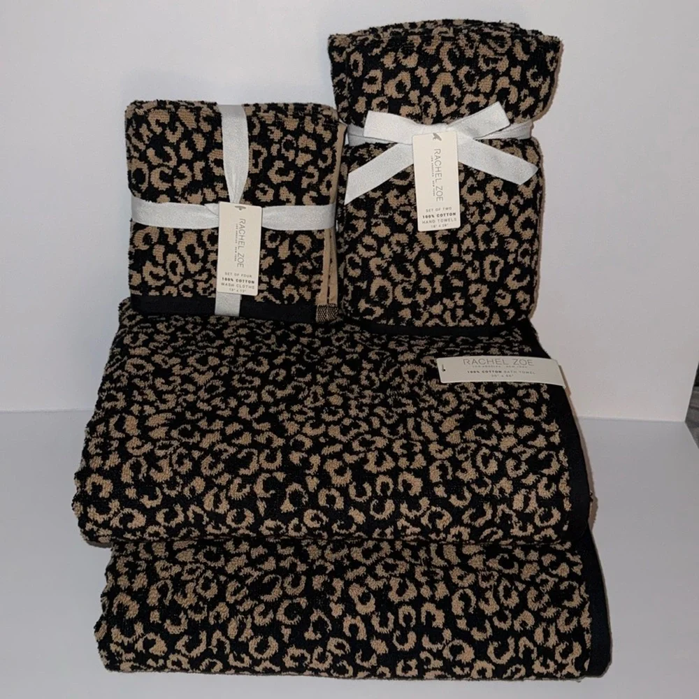 NWT Rachel Zoe 8 Piece 100% Cotton Bath Towel Set Black Tan Leopard Animal Print